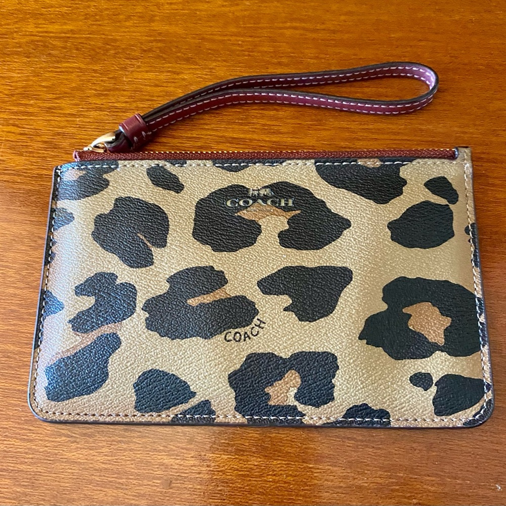 Coach Leopard Wristlet Pouch with Burgundy Accents